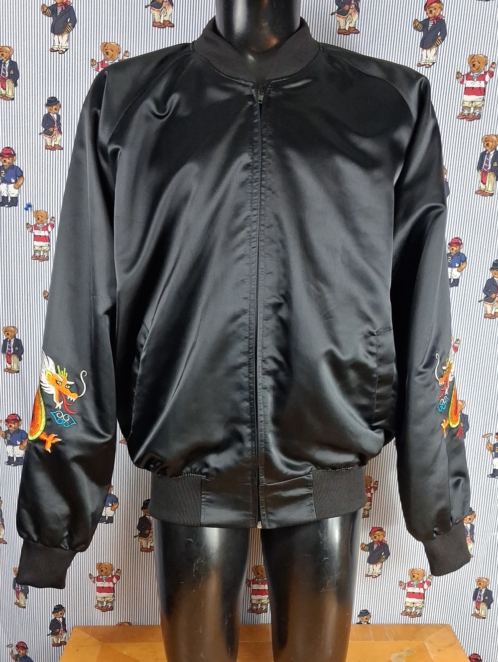 Vintage 90s Korea Embroidered Dragon Spell Out Zip Black Xl Satin Bomber Jacket - Picture 6 of 6